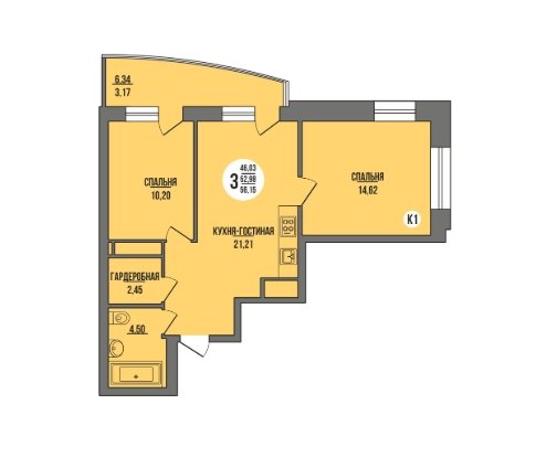 3 этаж 2-комнатн. 55.89 кв.м.